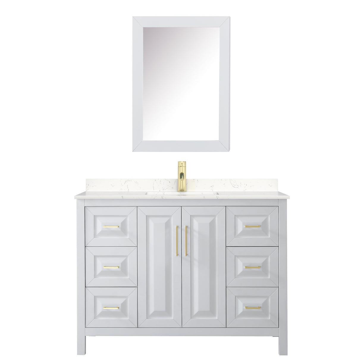 Daria 48 Inch Single Bathroom Vanity in White Carrara Cultured Marble Countertop Undermount Square Sink Medicine Cabinet Brushed Gold Trim