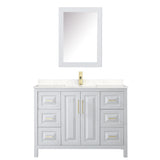 Daria 48 Inch Single Bathroom Vanity in White Carrara Cultured Marble Countertop Undermount Square Sink Medicine Cabinet Brushed Gold Trim