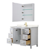 Daria 48 Inch Single Bathroom Vanity in White Carrara Cultured Marble Countertop Undermount Square Sink Medicine Cabinet Brushed Gold Trim