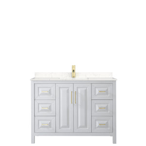 Daria 48 Inch Single Bathroom Vanity in White Carrara Cultured Marble Countertop Undermount Square Sink Brushed Gold Trim