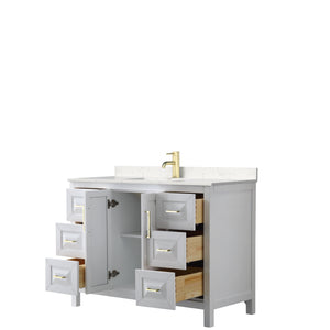 Daria 48 Inch Single Bathroom Vanity in White Carrara Cultured Marble Countertop Undermount Square Sink Brushed Gold Trim
