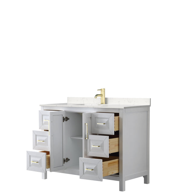Daria 48 Inch Single Bathroom Vanity in White Carrara Cultured Marble Countertop Undermount Square Sink Brushed Gold Trim