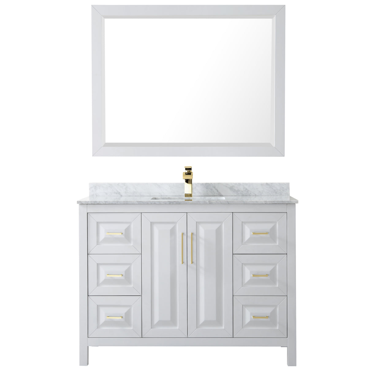 Daria 48 Inch Single Bathroom Vanity in White White Carrara Marble Countertop Undermount Square Sink 46 Inch Mirror Brushed Gold Trim