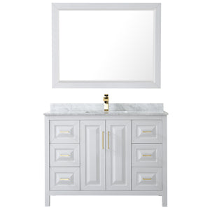 Daria 48 Inch Single Bathroom Vanity in White White Carrara Marble Countertop Undermount Square Sink 46 Inch Mirror Brushed Gold Trim