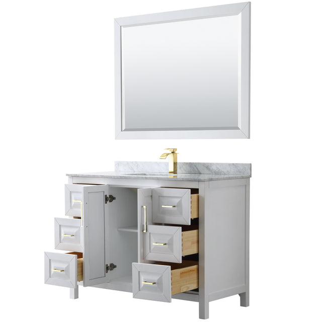 Daria 48 Inch Single Bathroom Vanity in White White Carrara Marble Countertop Undermount Square Sink 46 Inch Mirror Brushed Gold Trim