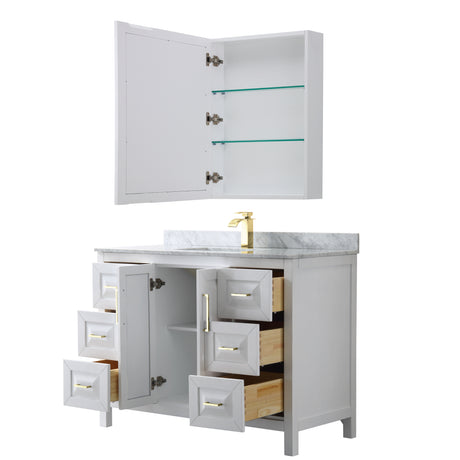 Daria 48 Inch Single Bathroom Vanity in White White Carrara Marble Countertop Undermount Square Sink Medicine Cabinet Brushed Gold Trim