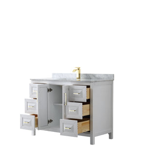 Daria 48 Inch Single Bathroom Vanity in White White Carrara Marble Countertop Undermount Square Sink Brushed Gold Trim