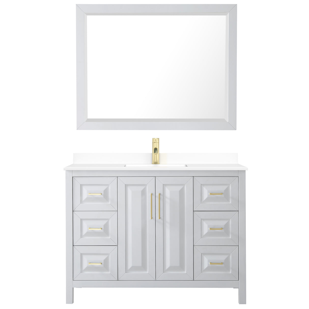 Daria 48 Inch Single Bathroom Vanity in White White Cultured Marble Countertop Undermount Square Sink 46 Inch Mirror Brushed Gold Trim