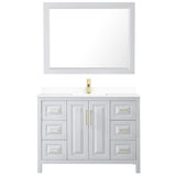 Daria 48 Inch Single Bathroom Vanity in White White Cultured Marble Countertop Undermount Square Sink 46 Inch Mirror Brushed Gold Trim