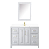Daria 48 Inch Single Bathroom Vanity in White White Cultured Marble Countertop Undermount Square Sink Medicine Cabinet Brushed Gold Trim