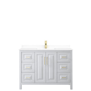 Daria 48 Inch Single Bathroom Vanity in White White Cultured Marble Countertop Undermount Square Sink Brushed Gold Trim