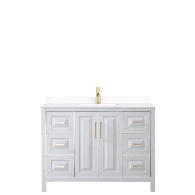 Daria 48 Inch Single Bathroom Vanity in White White Cultured Marble Countertop Undermount Square Sink Brushed Gold Trim