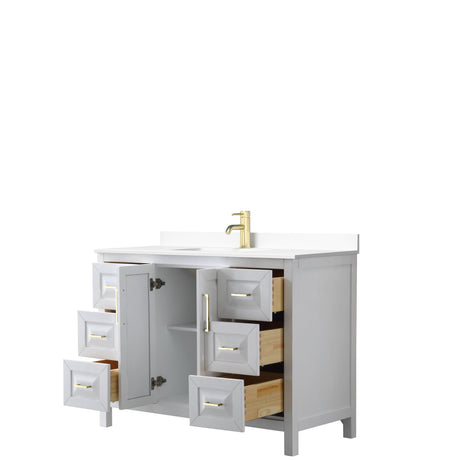 Daria 48 Inch Single Bathroom Vanity in White White Cultured Marble Countertop Undermount Square Sink Brushed Gold Trim