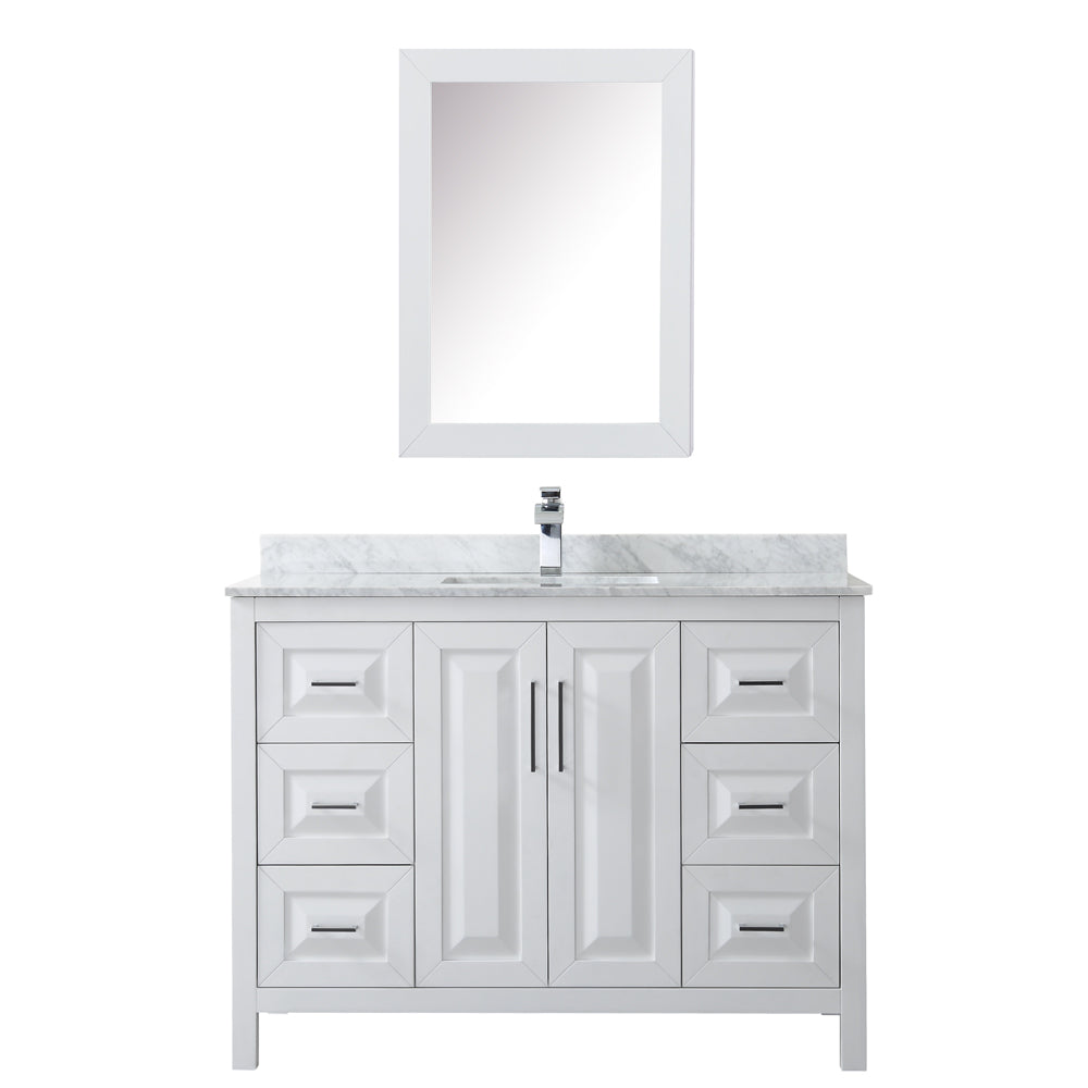 Daria 48 Inch Single Bathroom Vanity in White White Carrara Marble Countertop Undermount Square Sink and Medicine Cabinet