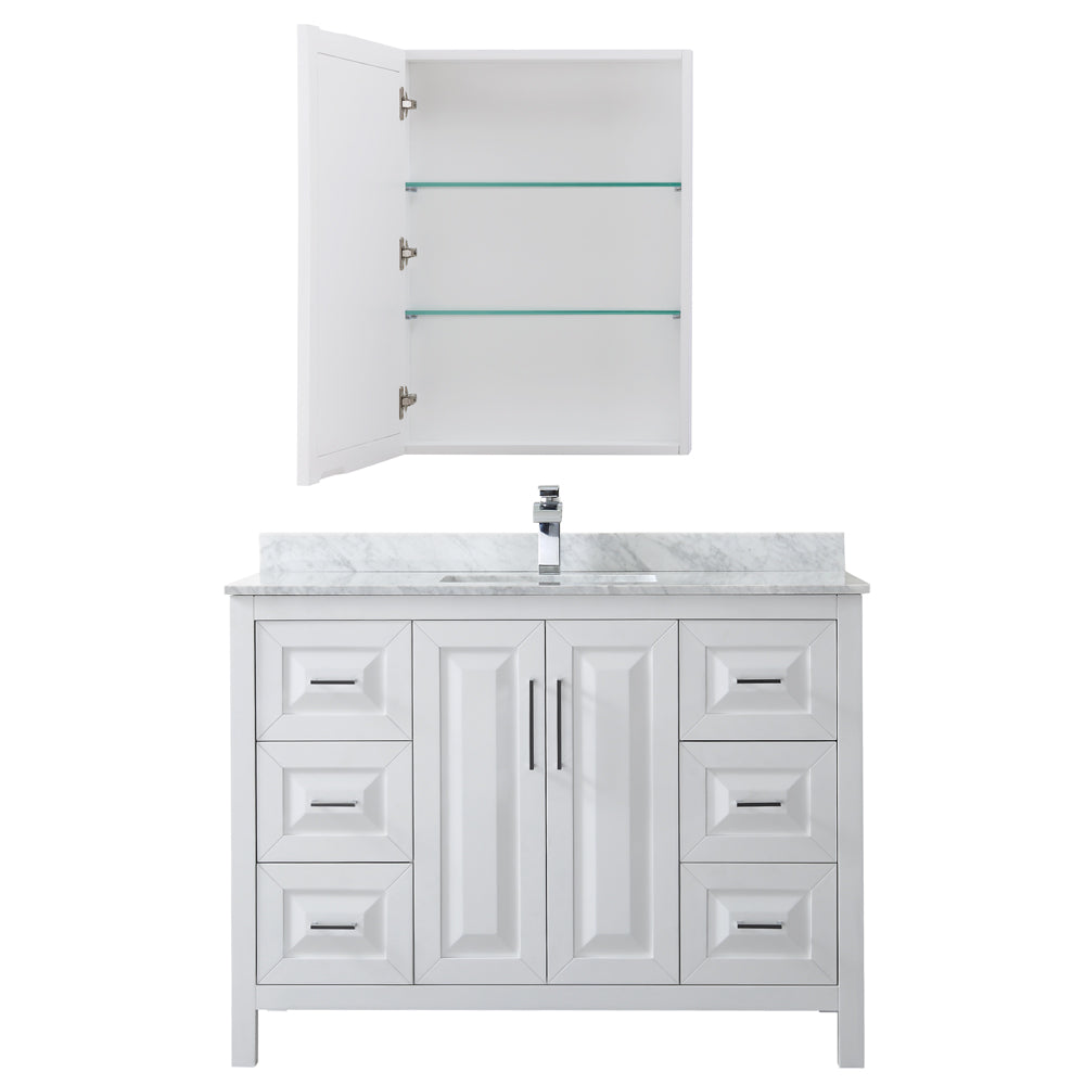 Daria 48 Inch Single Bathroom Vanity in White White Carrara Marble Countertop Undermount Square Sink and Medicine Cabinet