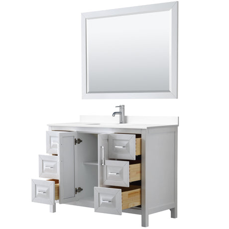 Daria 48 Inch Single Bathroom Vanity in White White Cultured Marble Countertop Undermount Square Sink 46 Inch Mirror