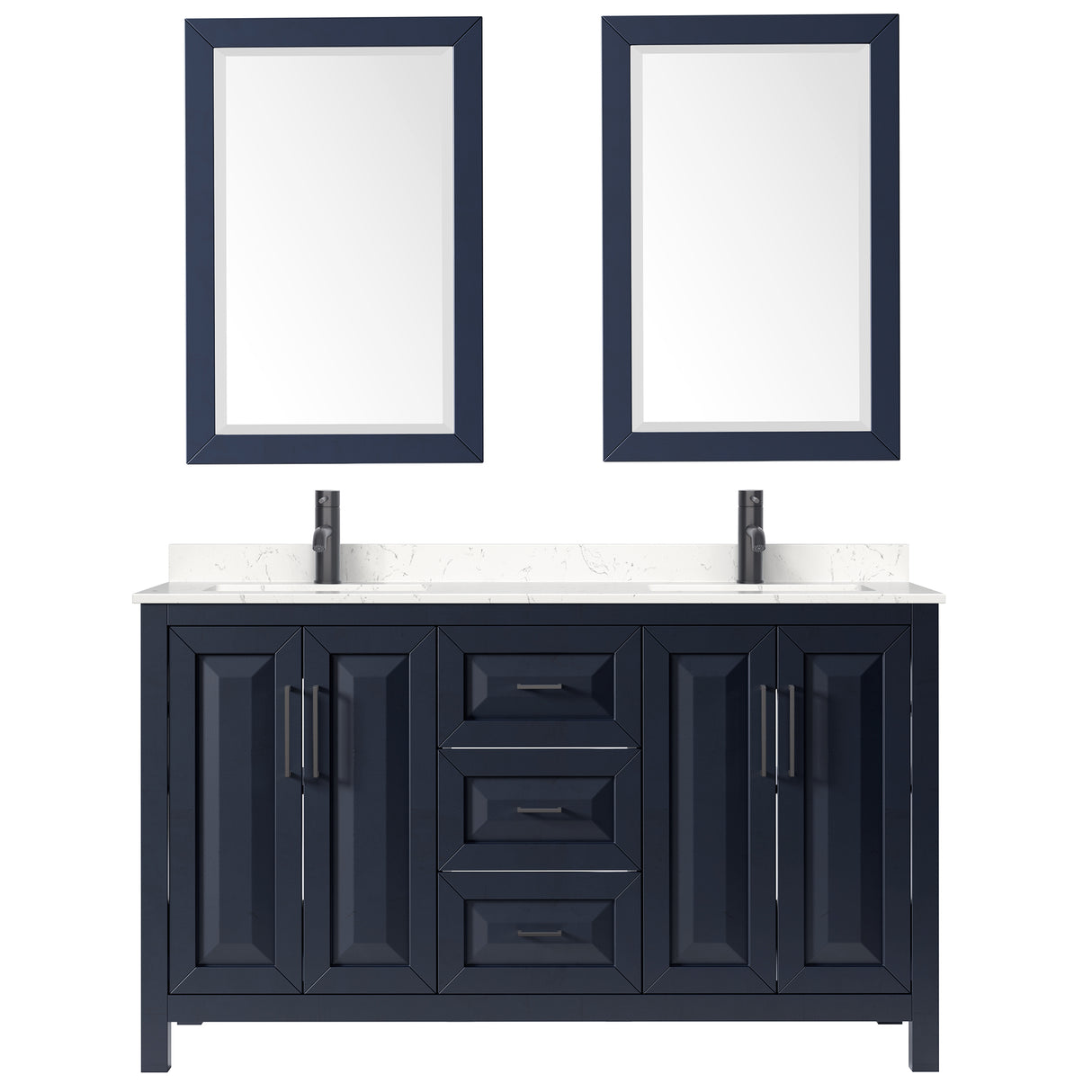 Daria 60 Inch Double Bathroom Vanity in Dark Blue Carrara Cultured Marble Countertop Undermount Square Sinks Matte Black Trim 24 Inch Mirrors