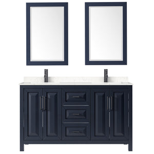 Daria 60 Inch Double Bathroom Vanity in Dark Blue Carrara Cultured Marble Countertop Undermount Square Sinks Matte Black Trim 24 Inch Mirrors