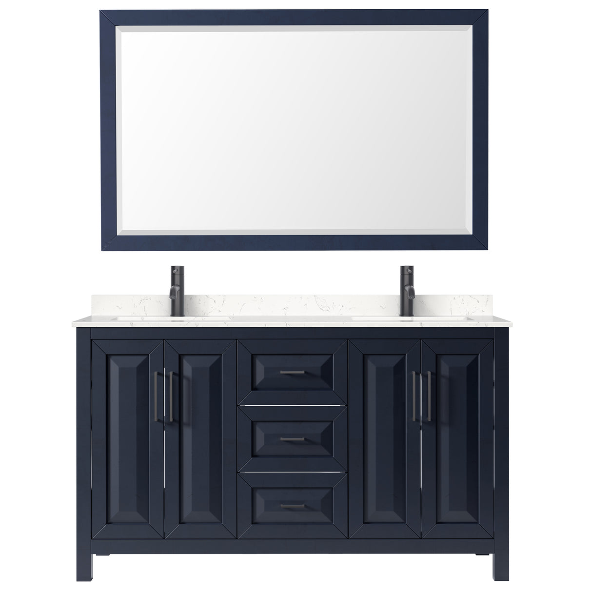 Daria 60 Inch Double Bathroom Vanity in Dark Blue Carrara Cultured Marble Countertop Undermount Square Sinks Matte Black Trim 58 Inch Mirror