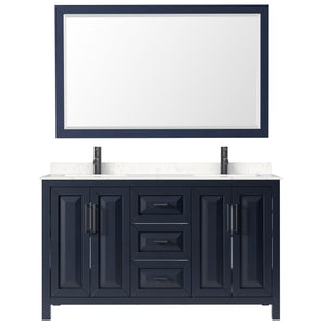 Daria 60 Inch Double Bathroom Vanity in Dark Blue Carrara Cultured Marble Countertop Undermount Square Sinks Matte Black Trim 58 Inch Mirror