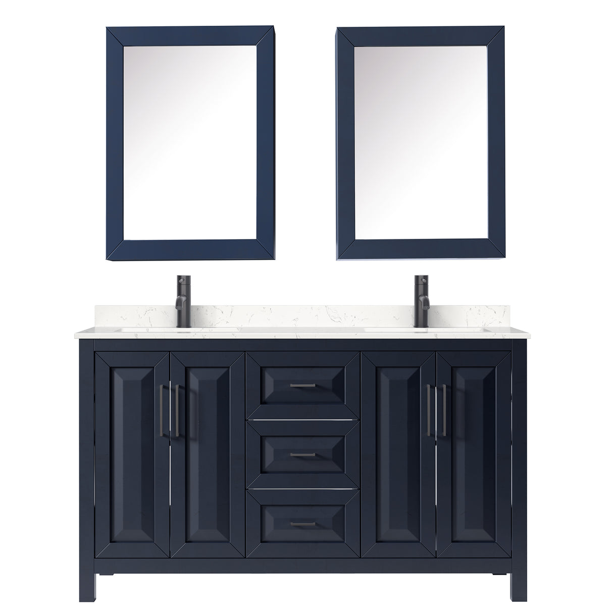 Daria 60 Inch Double Bathroom Vanity in Dark Blue Carrara Cultured Marble Countertop Undermount Square Sinks Matte Black Trim Medicine Cabinets