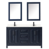 Daria 60 Inch Double Bathroom Vanity in Dark Blue Carrara Cultured Marble Countertop Undermount Square Sinks Matte Black Trim Medicine Cabinets