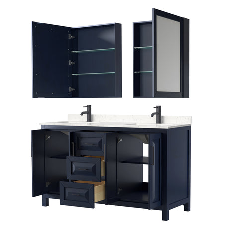 Daria 60 Inch Double Bathroom Vanity in Dark Blue Carrara Cultured Marble Countertop Undermount Square Sinks Matte Black Trim Medicine Cabinets