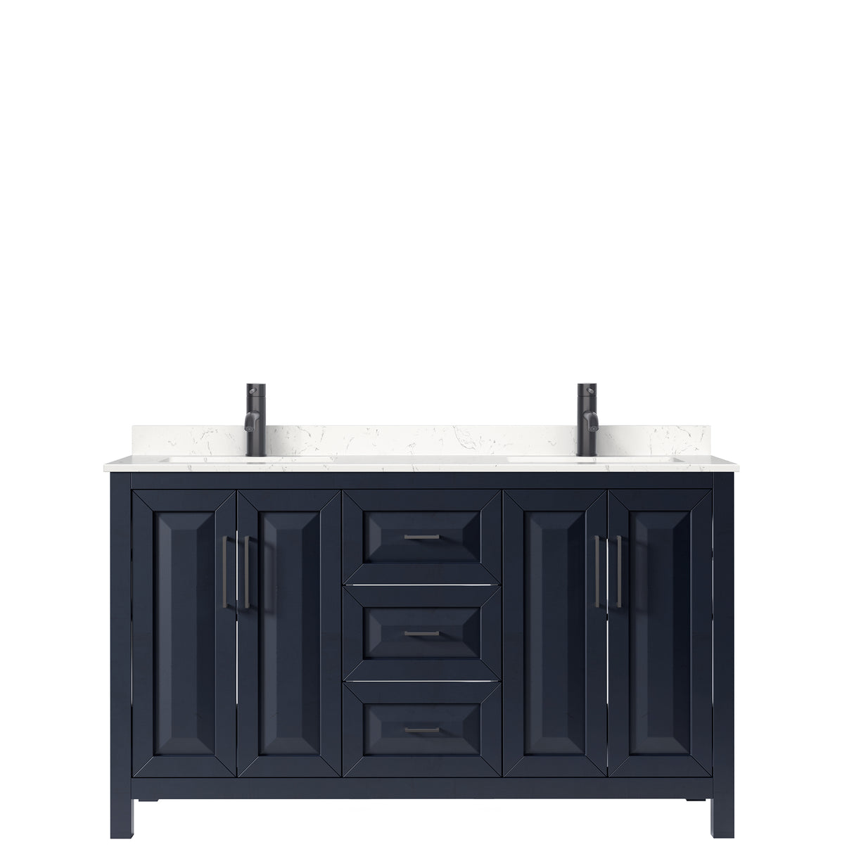 Daria 60 Inch Double Bathroom Vanity in Dark Blue Carrara Cultured Marble Countertop Undermount Square Sinks Matte Black Trim