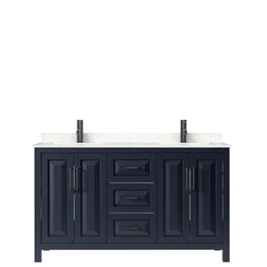 Daria 60 Inch Double Bathroom Vanity in Dark Blue Carrara Cultured Marble Countertop Undermount Square Sinks Matte Black Trim