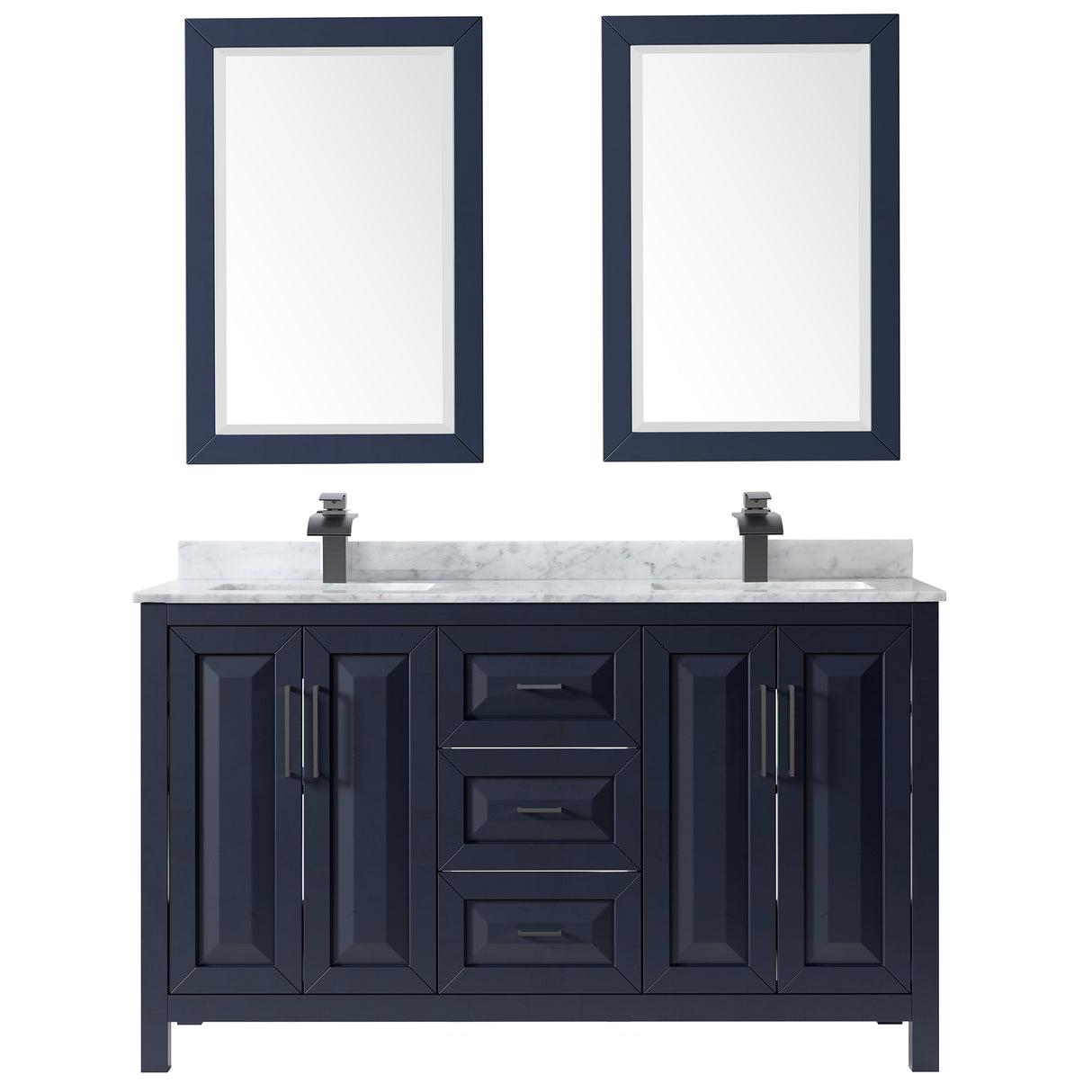 Daria 60 Inch Double Bathroom Vanity in Dark Blue White Carrara Marble Countertop Undermount Square Sinks Matte Black Trim 24 Inch Mirrors