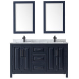 Daria 60 Inch Double Bathroom Vanity in Dark Blue White Carrara Marble Countertop Undermount Square Sinks Matte Black Trim 24 Inch Mirrors