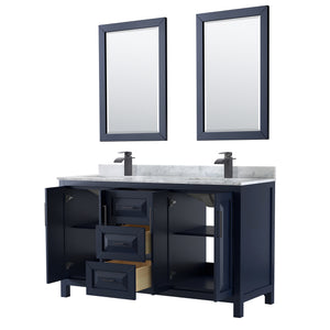Daria 60 Inch Double Bathroom Vanity in Dark Blue White Carrara Marble Countertop Undermount Square Sinks Matte Black Trim 24 Inch Mirrors