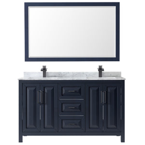 Daria 60 Inch Double Bathroom Vanity in Dark Blue White Carrara Marble Countertop Undermount Square Sinks Matte Black Trim 58 Inch Mirror