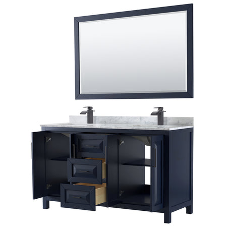 Daria 60 Inch Double Bathroom Vanity in Dark Blue White Carrara Marble Countertop Undermount Square Sinks Matte Black Trim 58 Inch Mirror