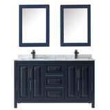 Daria 60 Inch Double Bathroom Vanity in Dark Blue White Carrara Marble Countertop Undermount Square Sinks Matte Black Trim Medicine Cabinets