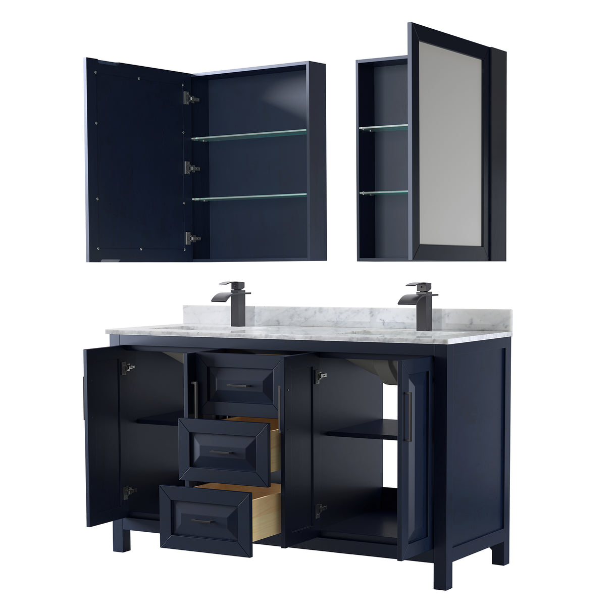 Daria 60 Inch Double Bathroom Vanity in Dark Blue White Carrara Marble Countertop Undermount Square Sinks Matte Black Trim Medicine Cabinets