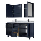 Daria 60 Inch Double Bathroom Vanity in Dark Blue White Carrara Marble Countertop Undermount Square Sinks Matte Black Trim Medicine Cabinets