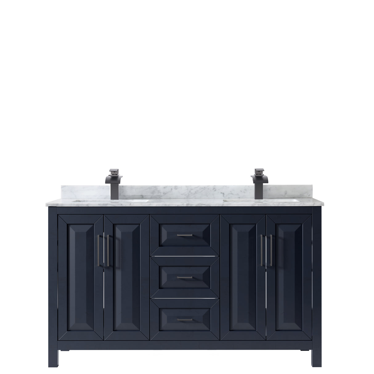 Daria 60 Inch Double Bathroom Vanity in Dark Blue White Carrara Marble Countertop Undermount Square Sinks Matte Black Trim