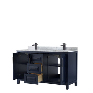 Daria 60 Inch Double Bathroom Vanity in Dark Blue White Carrara Marble Countertop Undermount Square Sinks Matte Black Trim