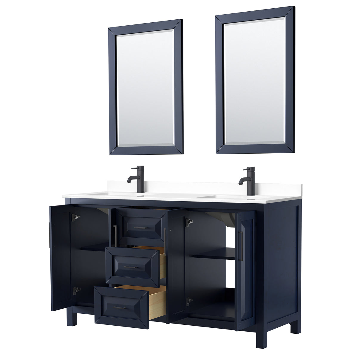Daria 60 Inch Double Bathroom Vanity in Dark Blue White Cultured Marble Countertop Undermount Square Sinks Matte Black Trim 24 Inch Mirrors