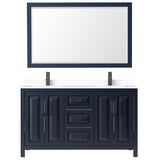 Daria 60 Inch Double Bathroom Vanity in Dark Blue White Cultured Marble Countertop Undermount Square Sinks Matte Black Trim 58 Inch Mirror