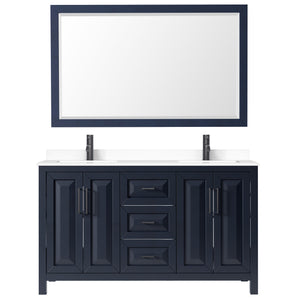 Daria 60 Inch Double Bathroom Vanity in Dark Blue White Cultured Marble Countertop Undermount Square Sinks Matte Black Trim 58 Inch Mirror