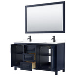 Daria 60 Inch Double Bathroom Vanity in Dark Blue White Cultured Marble Countertop Undermount Square Sinks Matte Black Trim 58 Inch Mirror