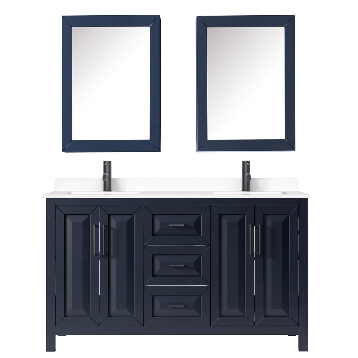 Daria 60 Inch Double Bathroom Vanity in Dark Blue White Cultured Marble Countertop Undermount Square Sinks Matte Black Trim Medicine Cabinets