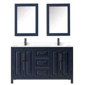 Daria 60 Inch Double Bathroom Vanity in Dark Blue White Cultured Marble Countertop Undermount Square Sinks Matte Black Trim Medicine Cabinets