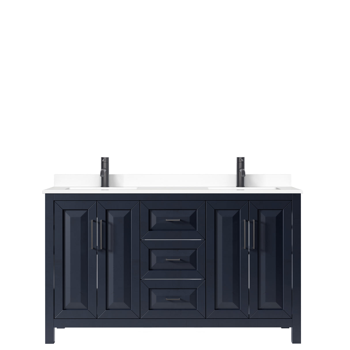 Daria 60 Inch Double Bathroom Vanity in Dark Blue White Cultured Marble Countertop Undermount Square Sinks Matte Black Trim