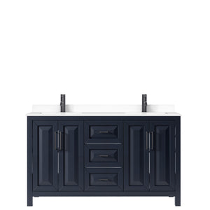 Daria 60 Inch Double Bathroom Vanity in Dark Blue White Cultured Marble Countertop Undermount Square Sinks Matte Black Trim