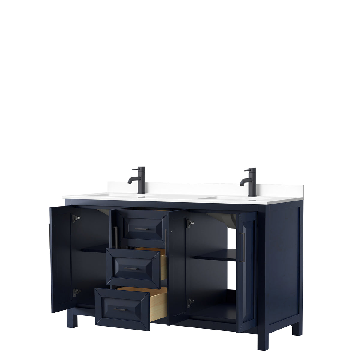 Daria 60 Inch Double Bathroom Vanity in Dark Blue White Cultured Marble Countertop Undermount Square Sinks Matte Black Trim