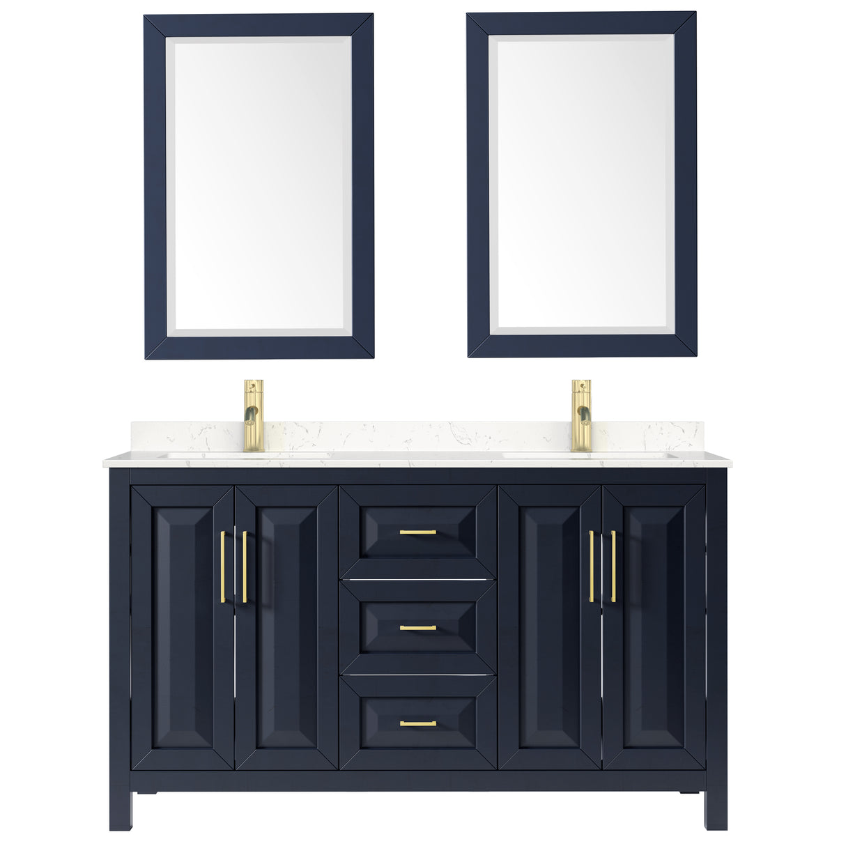 Daria 60 Inch Double Bathroom Vanity in Dark Blue Carrara Cultured Marble Countertop Undermount Square Sinks 24 Inch Mirrors