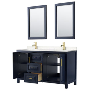 Daria 60 Inch Double Bathroom Vanity in Dark Blue Carrara Cultured Marble Countertop Undermount Square Sinks 24 Inch Mirrors